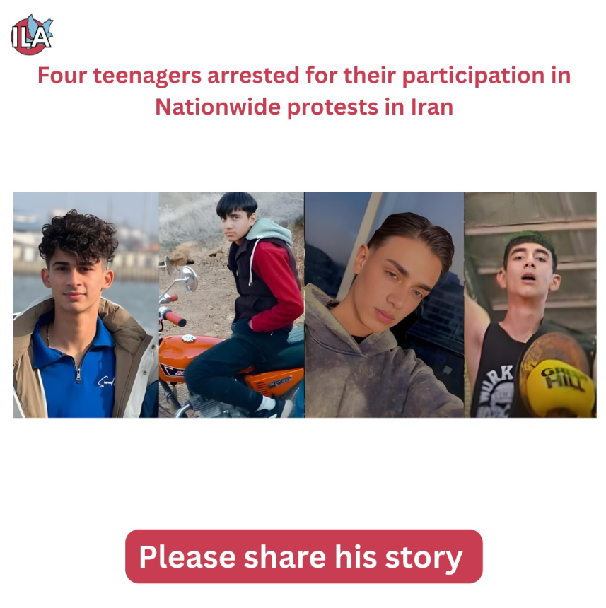 ilibertyassoc's tweet photo. Four children — Adib Ahmadinezhad (17), Armin Sharifian (17), Mehdi Haqju (17), and Mohammadhossein Khorshidvand (15) — have been arrested by Iranian authorities during recent protests. Their lives are in danger.
#HumanRights 
#Iran https://t.co/UQ9XmUce02