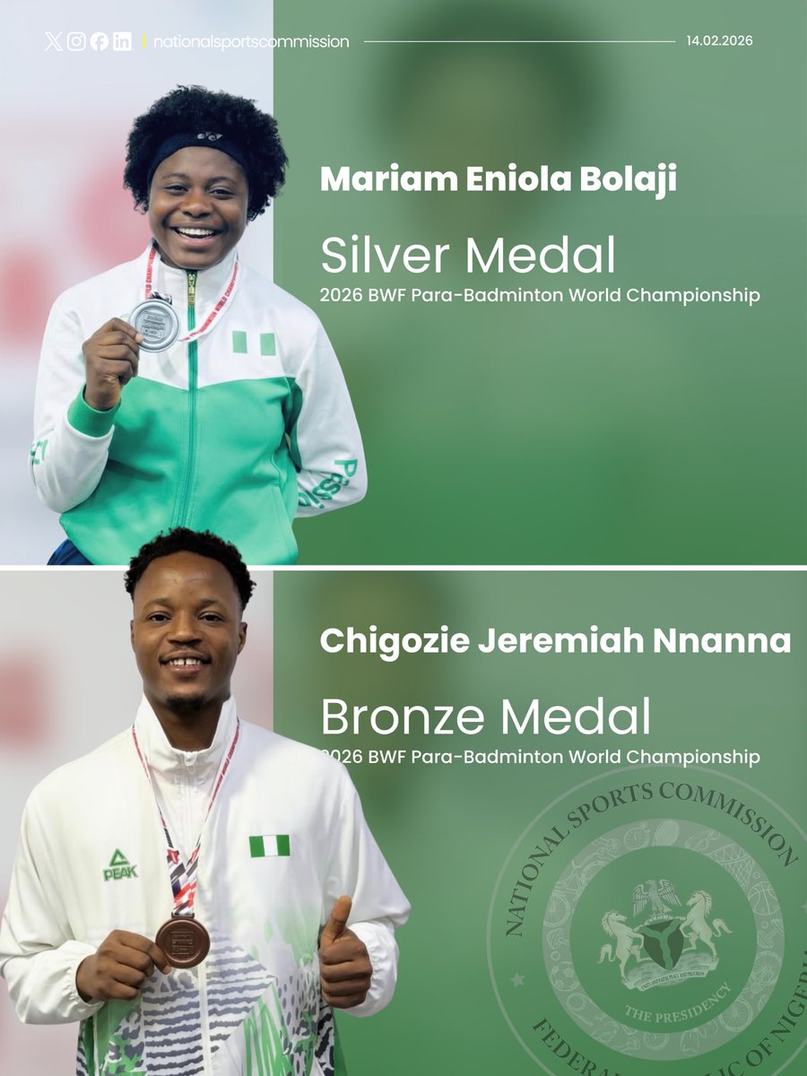 🎉 MORE MEDALS FOR TEAM NIGERIA 

The National Sports Commission congratulates Nigeria’s para-badminton stars, Mariam Eniola Bolaji and Chigozie Jeremiah Nnanna, on their outstanding podium finishes at the 2026 BWF Para-Badminton World Championships in Manama, Bahrain.