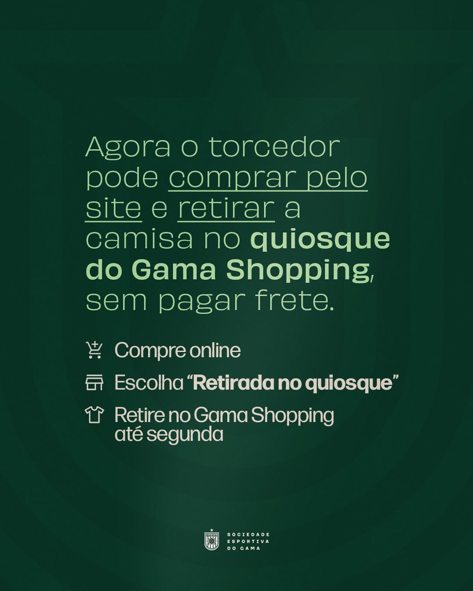 Compre sua camisa pelo site e retire no quiosque do Gama Shopping, sem pagar frete.

A retirada acontecerá domingo e segunda.

⚠️ O quiosque não é loja física, apenas ponto de retirada.

Dúvidas: atendimento@lojadogama.com.br