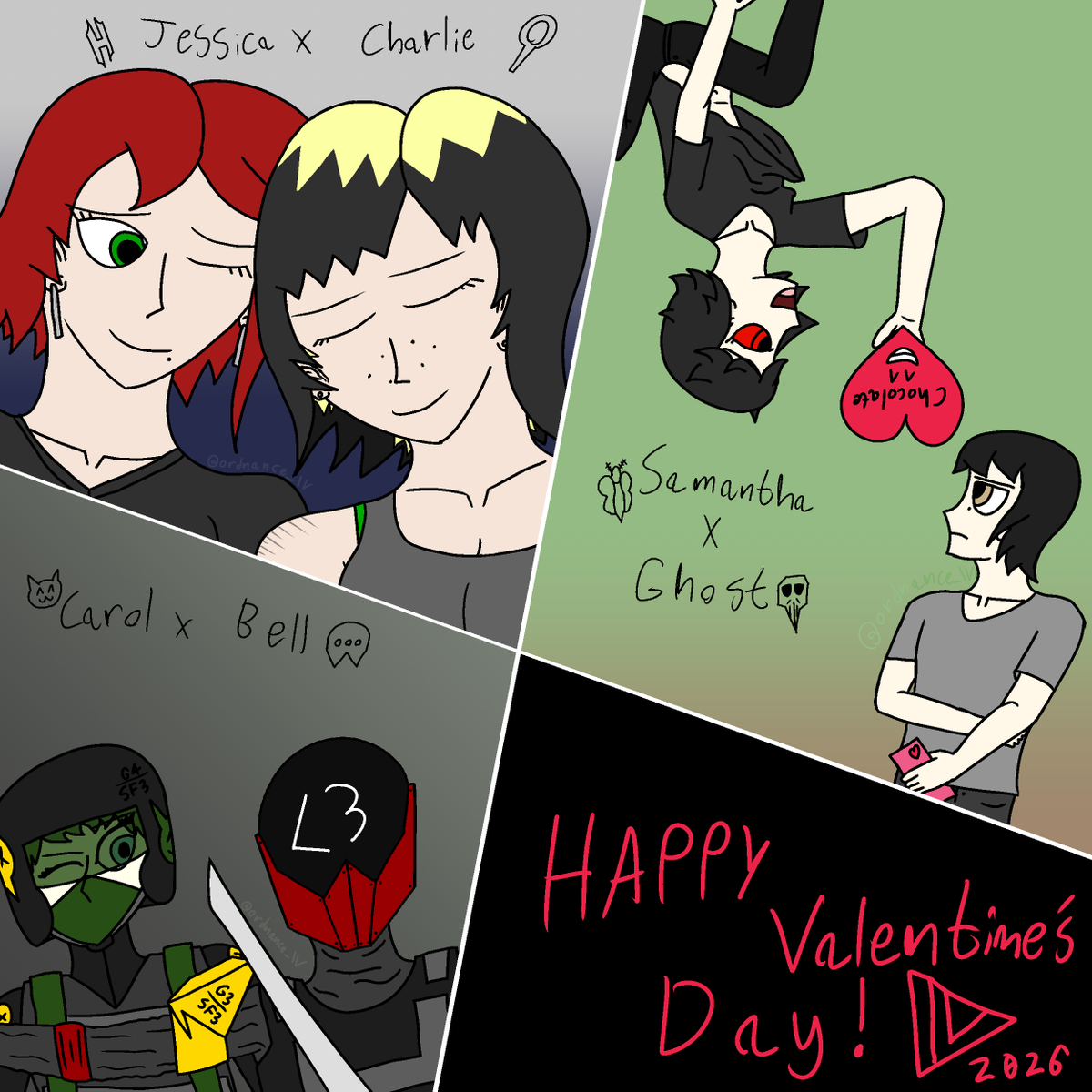 "Valentines Day 2026"
Jessica X Charlie (Jen/Nox)
Samantha X Ghost (As In FRIENDS(SFIV))
Carol X Bell (LMDS Vol. 1 + 2)

#art #oc #smallartist