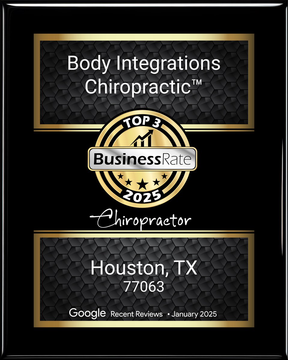 bfnicol's tweet photo. I am happy to inform you that Body Integrations Chiropractic has been recognized as the TOP 3 of 2025 Houston Award Winner in the Chiropractor Category by Business Rate. Business Rate provides intelligent ranking solutions and comprehensive review management services. https://t.co/pDm0oqWQqj