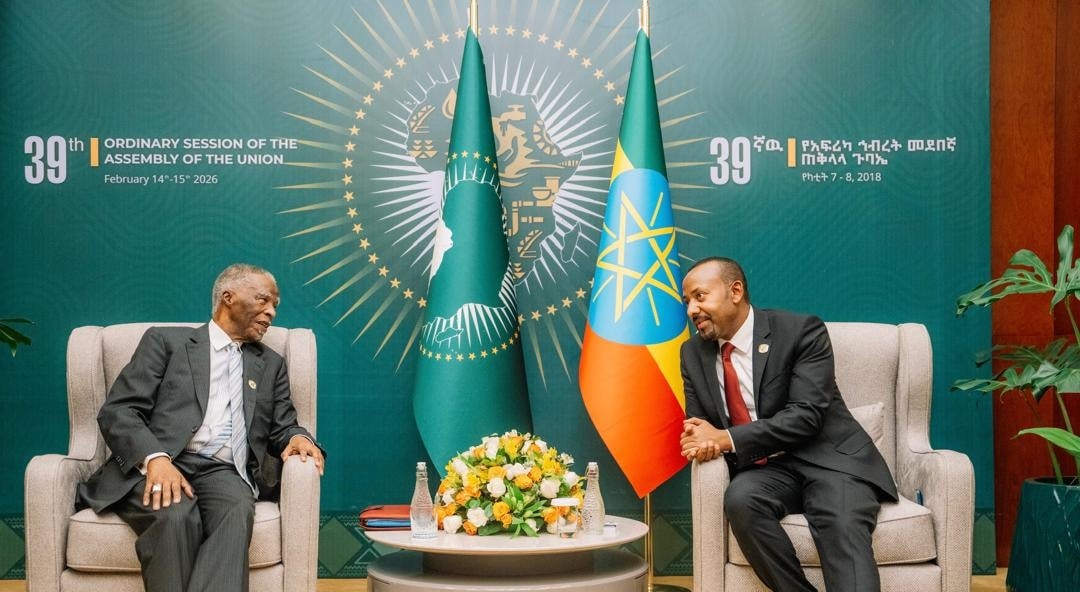 TMFoundation_'s tweet photo. H.E. Thabo Mbeki, former President of South Africa, met with Ethiopian Prime Minister H.E. Dr Abiy Ahmed yesterday on the sidelines of the African Union Summit. The leaders held a constructive engagement focused on strengthening dialogue and cooperation.

#AUSummit2026 #Ethiopia #AfricanUnion