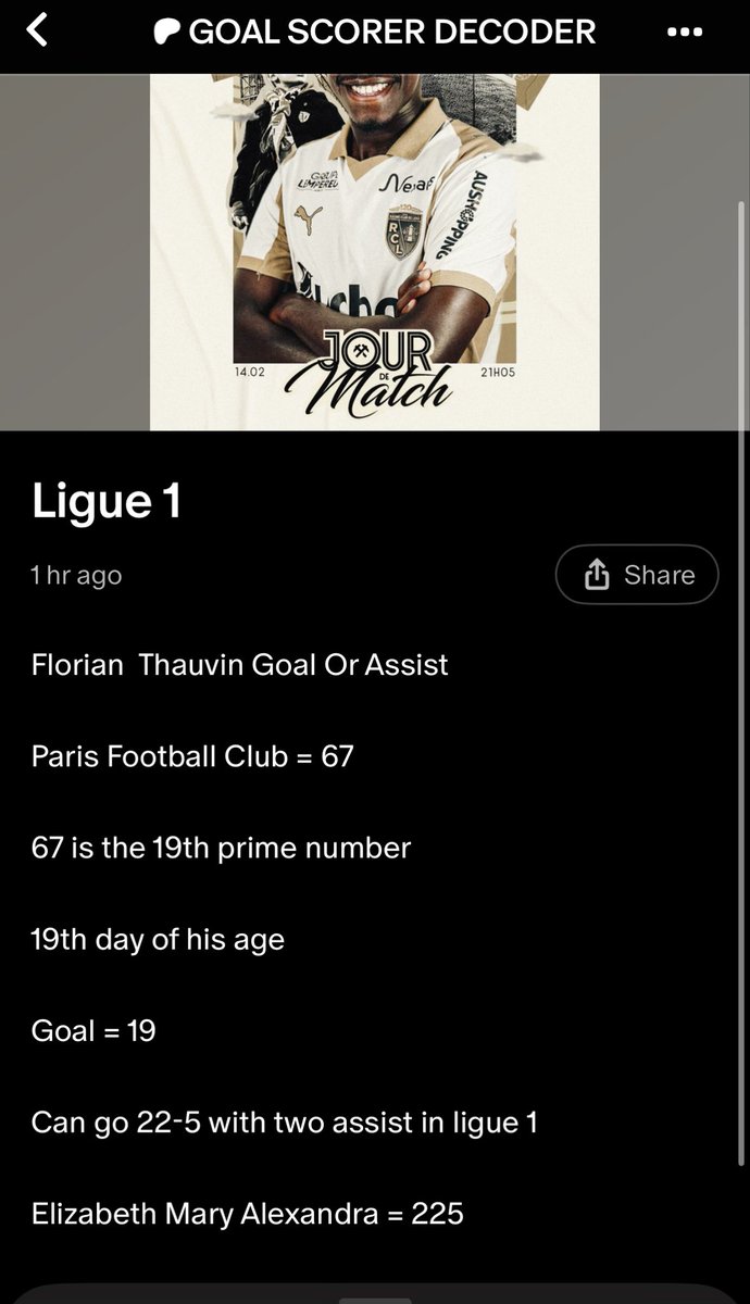Florian  Thauvin Goal Or Assist 
Paris Football Club = 67
67 is the 19th prime number 
19th day of his age
Goal = 19
Can go 22-5 with two assist in ligue 1 
Elizabeth Mary Alexandra = 225
