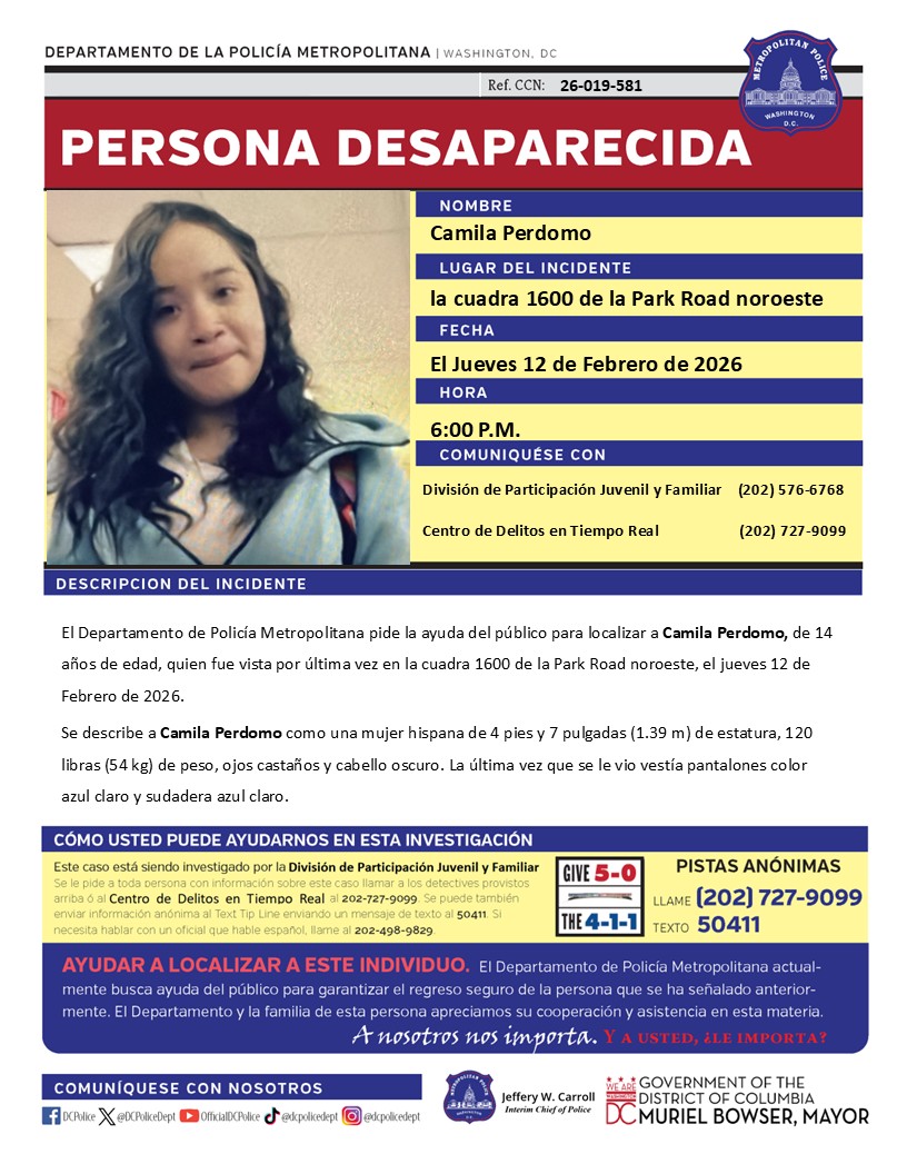 DCPoliceDept's tweet image. Critical #MissingPerson: Vea también el folleto en español disponible para 14-year-old Camila Perdomo.