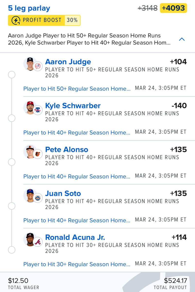 MLB Home Run Parlay!

My first MLB parlay for the 2026 season 

The alphas 🔥

Aaron Judge
Kyle Schwarber 
Pete Alonso
Juan Soto
Ronald Acuna