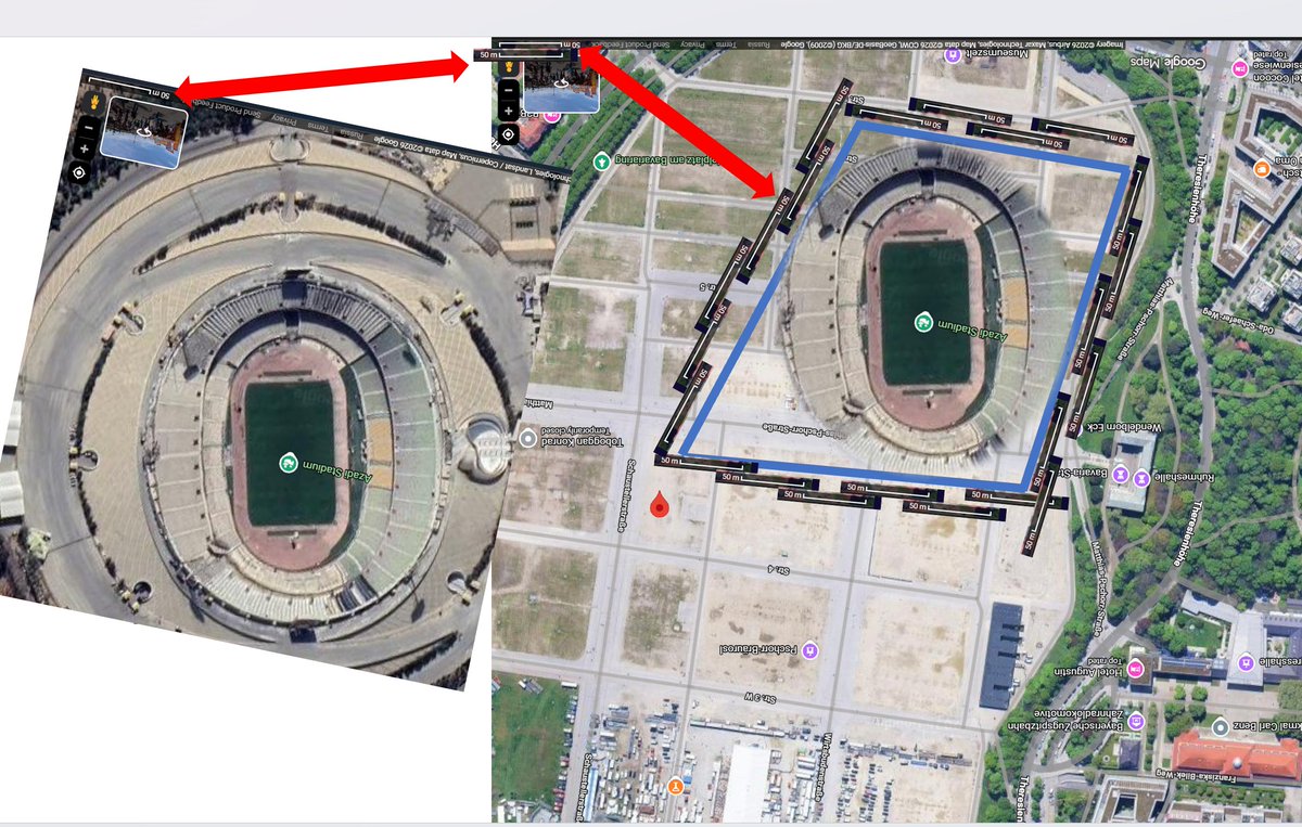 من در ابتدا مهندس بودم و هندسه و ریاضی همیشه نمره بالا میگرفتم.
اینو با ساده‌ترین روش، رسم شکل و با استفاده از نقشه حساب کردم.
استادیم آزادی اسکیل شده رو آوردم تا مقایسه پذیر باشه.

250 هزار نفر مونیخ درست است.