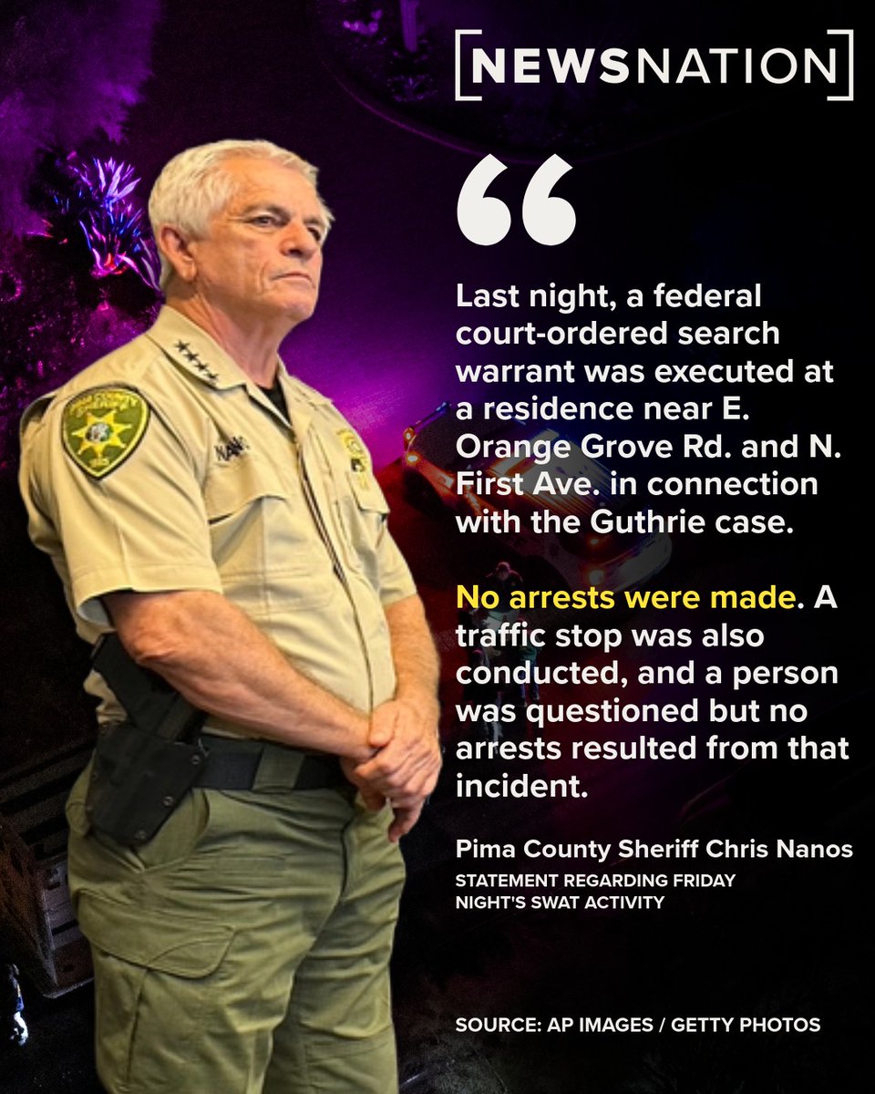 BREAKING🚨: Federal Court-Ordered Search in Nancy Guthrie Case Yields No Arrests — Sheriff Confirms Traffic Stop, Questioning but No Charges

The Pima County Sheriff’s Office has released a statement confirming that a federal search warrant was executed at a residence near E.