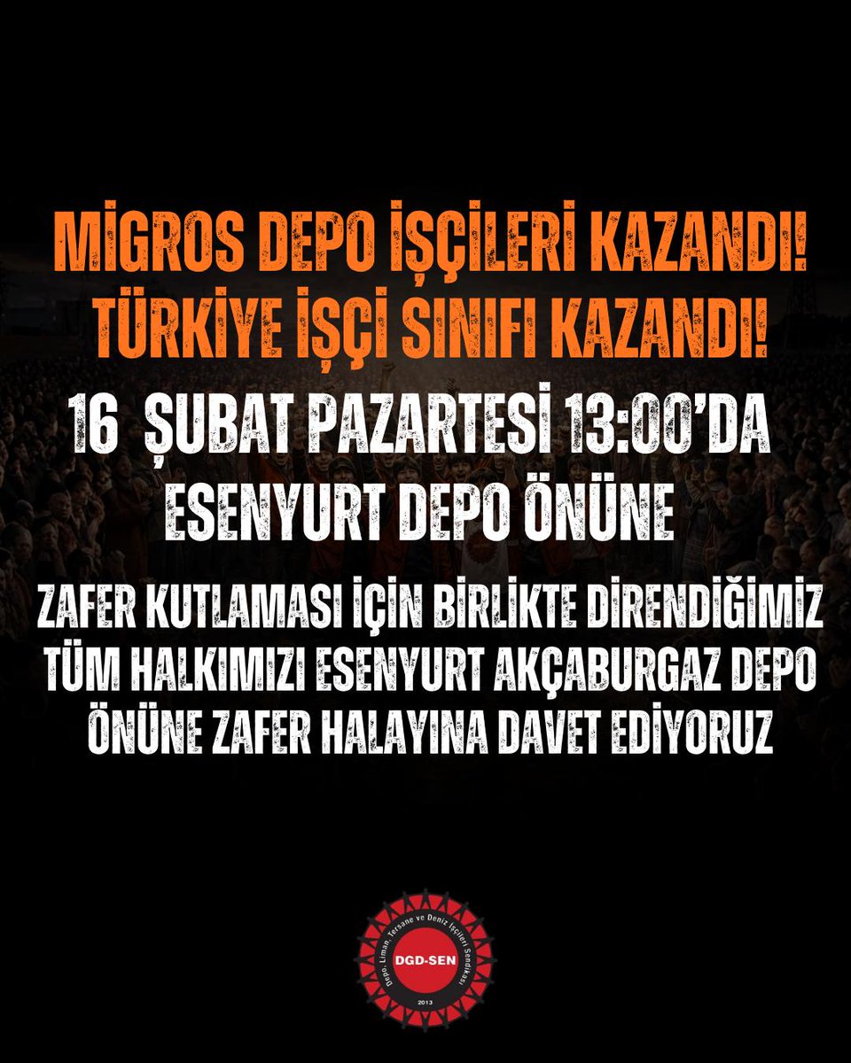 Birlikte direndik, birlikte kazandık, birlikte kutlayacağız.

Kazanan tüm işçileri, emekçi halkımızı, gençleri, kadınları 👇

📆16 Şubat Pazartesi 
⏰Saat 13:00'da 
📌Esenyurt Akçaburgaz depo önüne zafer halayına davet ediyoruz.

#migrosdepoişçilerikazandı