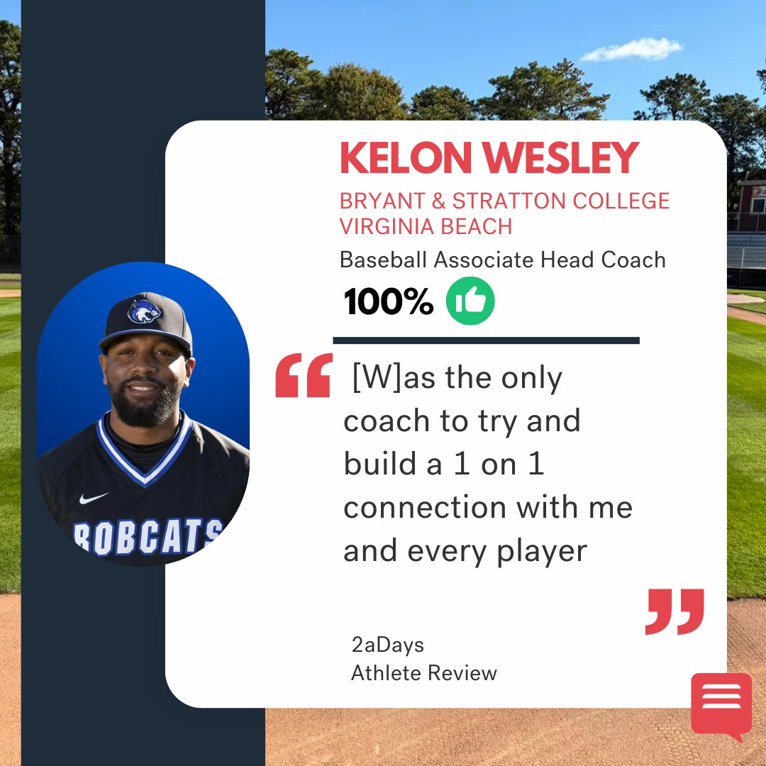 2aDays_Ratings's tweet image. Kelon Wesley, Associate Head Coach of @bscbobcatsva #baseball team, has received a lot of 5 ⭐ love from athletes this month! His #2aDays reviews mention how he develops his players to be better hitters and better people off the field. Read his reviews &amp;amp; #rateyourcoach:
