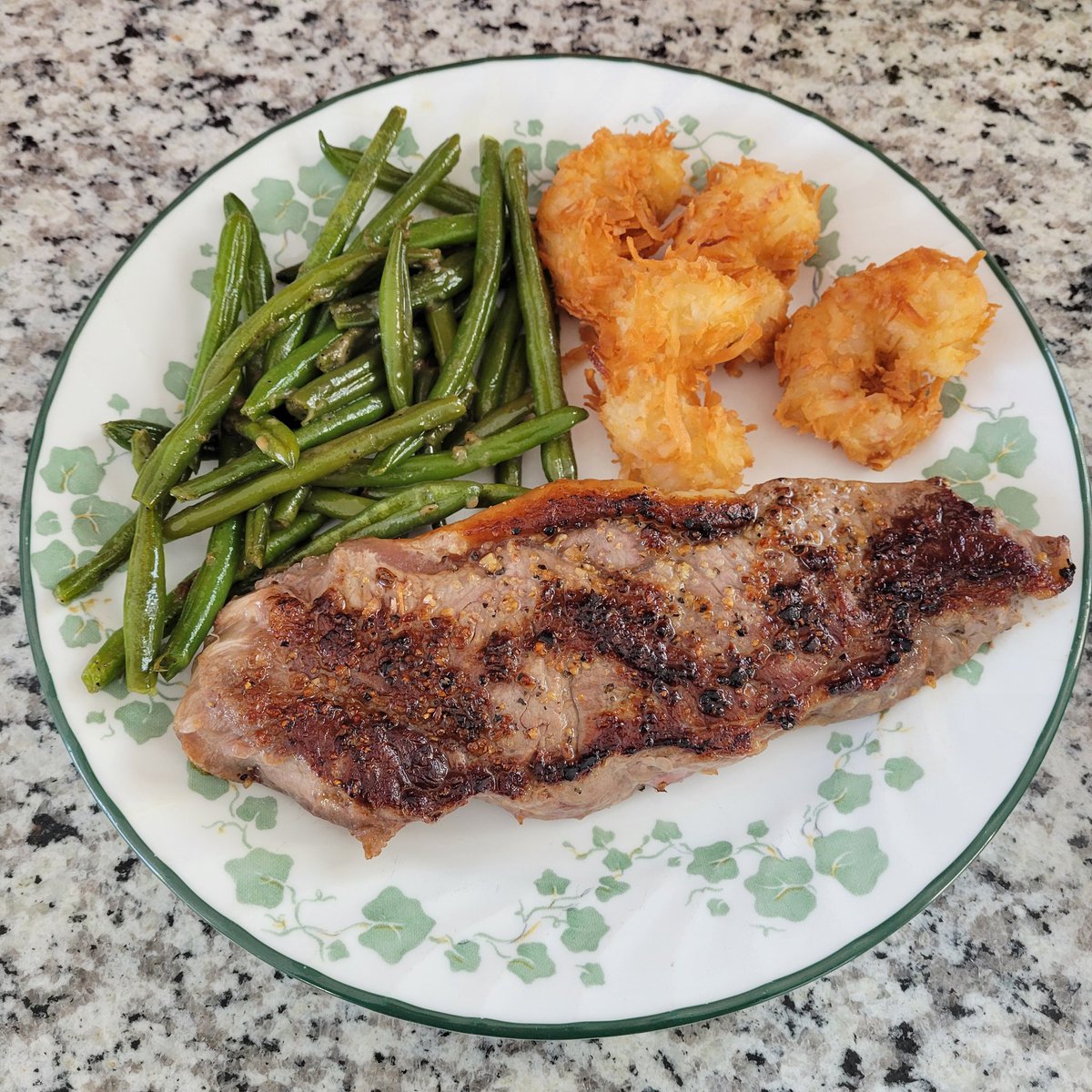 Special dinner tonight. NY Strip, coconut shrimp &amp; garlic butter green beans.❤️🩷