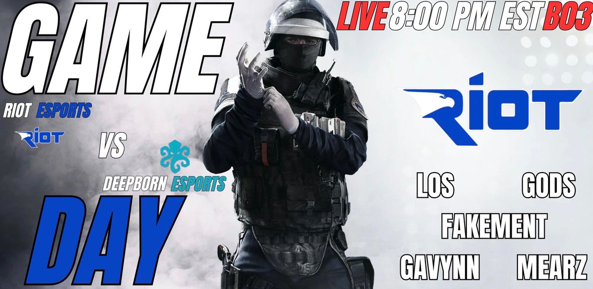 RiotEsportsR6's tweet photo. 3RD GAMEDAY OF THE WEEK RIOT NATIONNNN🔥
Riot Main takes on Deepborn in AGL Week 4 in a BO3 @ 8pm EST.
Lineup:
🔵@llosr6
⚪️@ShhGods
🔵@fakementfps
⚪️@GAV7NNr6
🔵@MearzR6
Kick some ass boys🔥
#LetsStartARiot #RiotEsports https://t.co/HbZs5p27hL