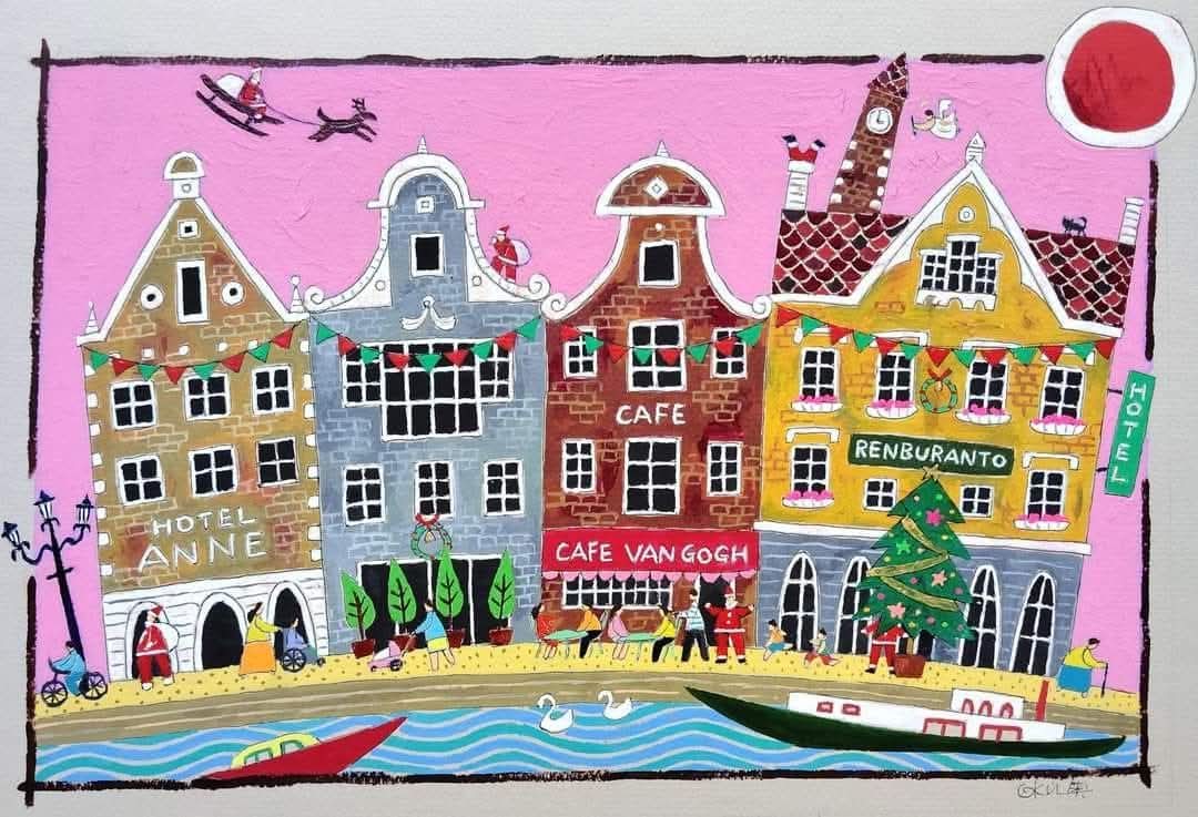 奥村ユズル　水彩画原画　アムステルダム運河の街 今展示作品 「アムステルダムのクリスマス」（@oku5y @奥村ユズル）