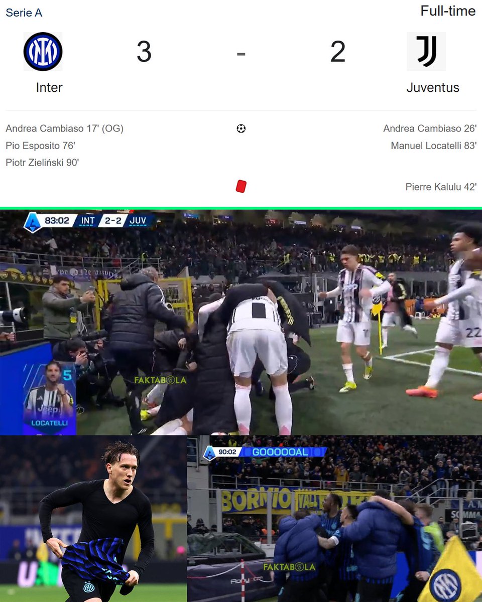 Drama 5 gol di Derby d'Italia 🔥

Pierre Kalulu kena kartu merah di menit 42'. Juventus sempat samakan skor lewat Locaetlli menit 83', tapi akhrinya Inter berhasil cetak gol kemenangan melalui Piotr Zielinski pada menit 90'! 

Hasil ini membuat Inter masih nyaman di pucuk!