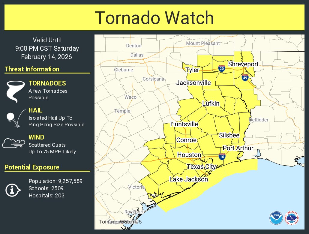 A tornado watch has been issued for parts of Louisiana and Texas until 9 PM CST
