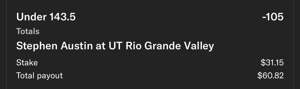 🏀 Stephen F. Austin vs UTRGV 🎯 Under 143.5 (-105 MGM)
💰 0.55u to win 0.52u
 UTRGV half-court offense shaky Defense > tempo 143.5 a bit inflated

💵 Let’s cash it 💵 

Tail ⬇️ betfinder.short.gy/QF62Ip?utm_ref…

🎁 RT + Follow to be eligible for our $50 giveaway