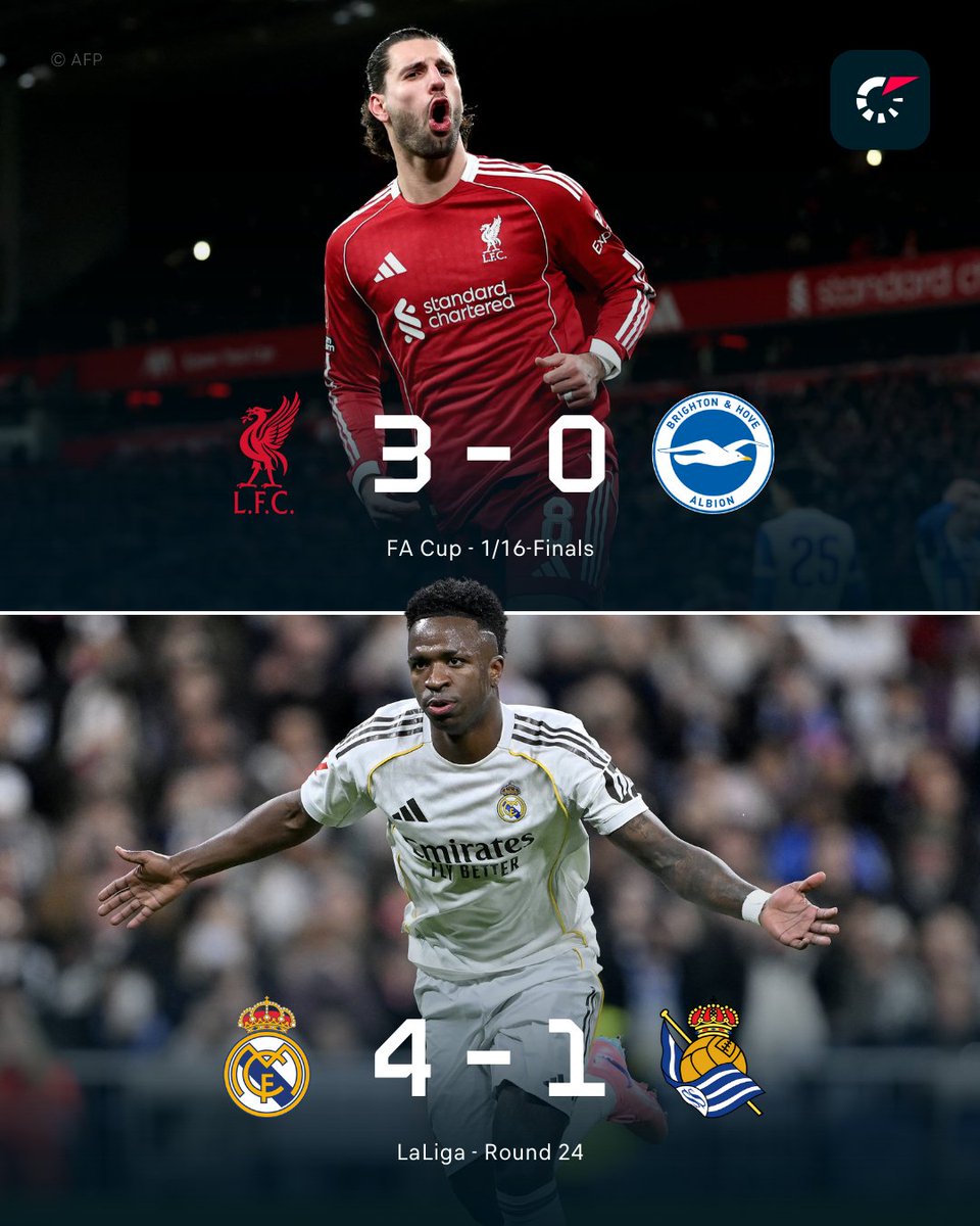 Flashscorecom's tweet image. Liverpool eliminate Brighton as Los Blancos put a Real beating on Sociedad. 🥊

View the match stats. 📊
🏴󠁧󠁢󠁥󠁮󠁧󠁿 flashsco.re/com-sc-tw-2526…
🇪🇸 flashsco.re/com-sc-tw-2526…

#LIVBHA
#RealMadridRealSociedad