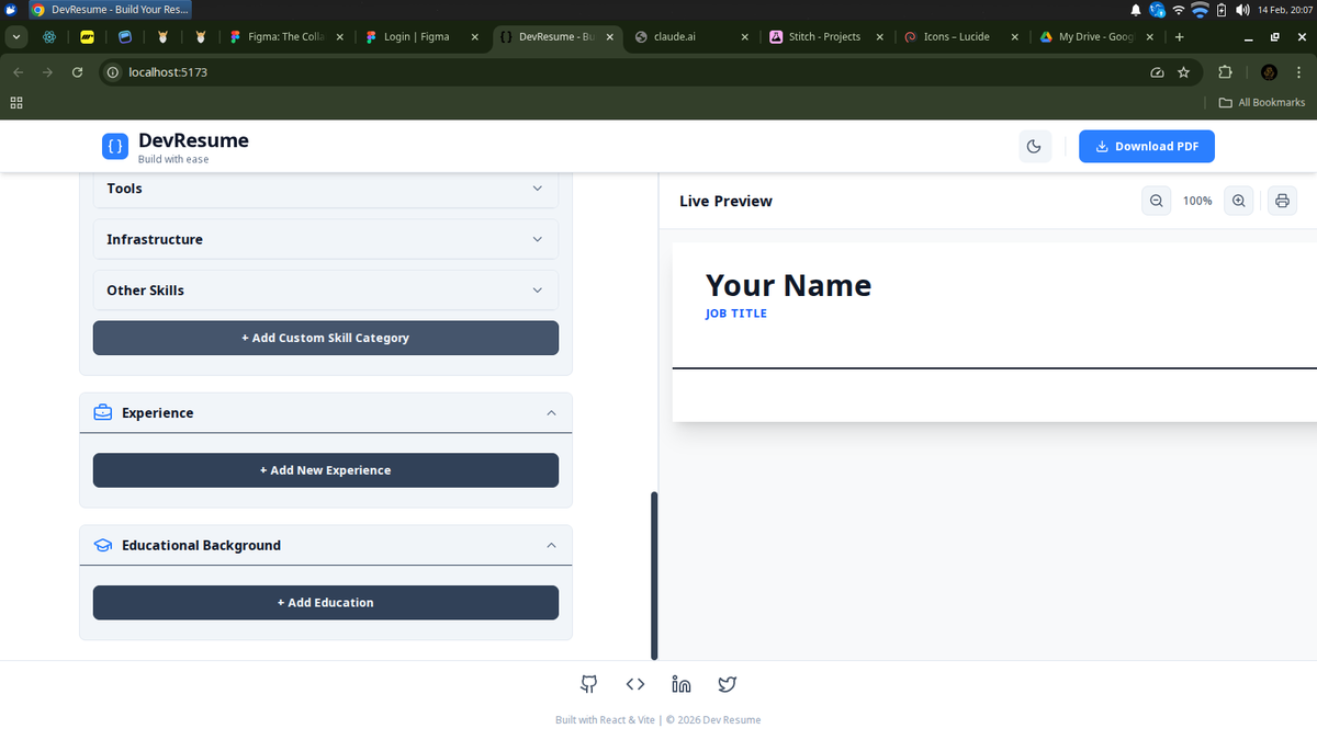 SenatorOlamide's tweet photo. Day 48/90 🔥
CV Builder almost done!
Built:
→ Real-time live preview (useState)
→ Collapsible form sections
→ Multiple resume sections
→ Dark mode UI
Learned useEffect mid-project to get features working 💡
Tech: React + Tailwind
@TheOdinProject
#100DaysOfCode https://t.co/t22db0ug6F