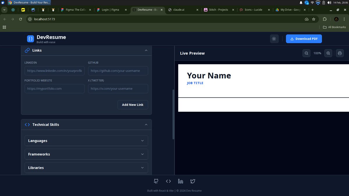 SenatorOlamide's tweet photo. Day 48/90 🔥
CV Builder almost done!
Built:
→ Real-time live preview (useState)
→ Collapsible form sections
→ Multiple resume sections
→ Dark mode UI
Learned useEffect mid-project to get features working 💡
Tech: React + Tailwind
@TheOdinProject
#100DaysOfCode https://t.co/t22db0ug6F