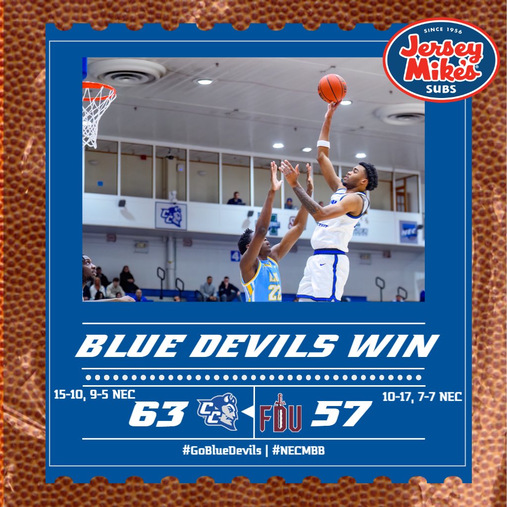 🏀 RECAP

<a href="/CCSU_MBB/">CCSU Men’s Basketball</a> 63, FDU 57

🏀 Frazier: 10p (5-9 fg) 14r
🏀 Smith, Jr.: 17p (13-13 ft)
🏀 Rodgers: 15p, 3a, 2stl
🏀 Sanchez: 11p

📰 🔗 tinyurl.com/vrp844jm
⏭ vs. Le Moyne, 7pm

#GoBlueDevils | #NECMBB