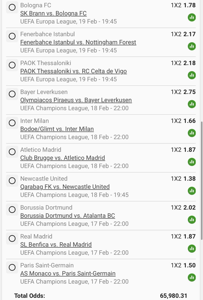 CONGRATS BETID: 657321 PAID OUT R857 740. BOOKING CODE : BW3C753F98
CHAMPIONS  LEAGUE &amp; EUROPA LEAGUE STRAIGHT WIN 🥇 
SEE YOU ALL ON THE WINNING SIDE 🏆