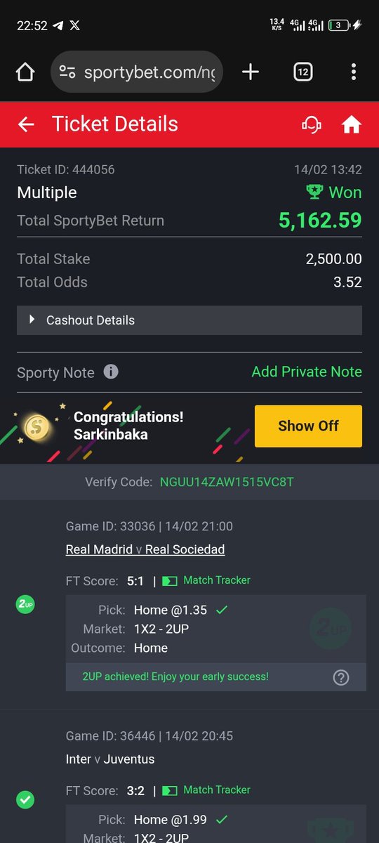 ZARAHBILLIONS's tweet photo. 4 wins for today, when I say I always win what I play myself, I meant it. Congratulations fams @SportyBetNG did it again https://t.co/NuX1ulTKbp