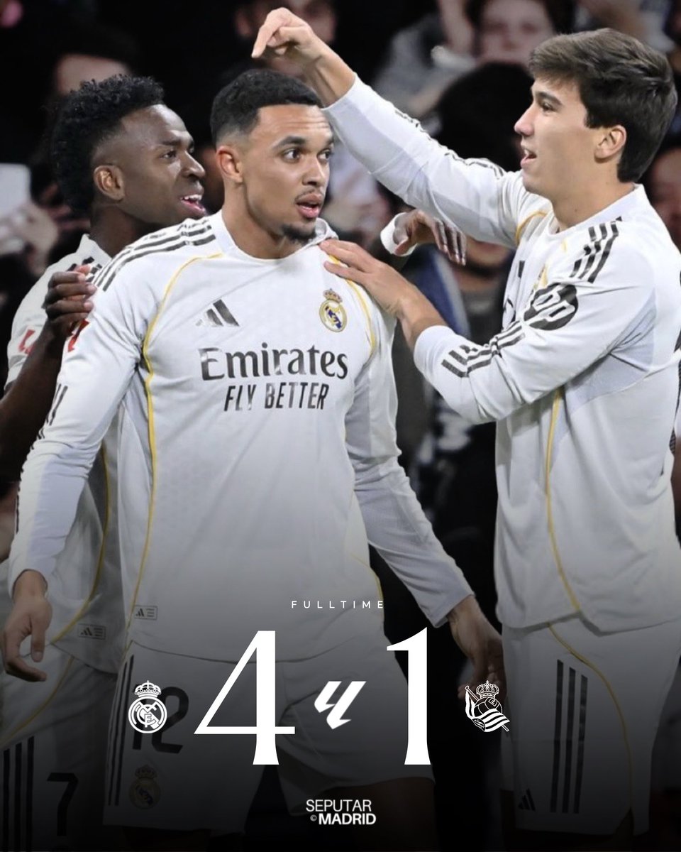 🏁 Fulltime from Estadio Santiago Bernabéu!

Real Madrid 4-1 Real Sociedad

⚽ 5' Gonzalo
⚽ 21' Oyarzabal (p)
⚽ 25' Vini Jr. (p)
⚽ 31' Valverde
⚽ 48' Vini Jr. (p).

Three important points are in the bag! 

¡VAMOOOS REAL! 🤍

#LALIGAEASPORTS