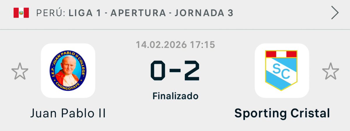 El Sporting Cristal le acabo de ganar 0-2 al mismisimo Juan Pablo II.

Lastimosamente el 2 de Mayo ya no tiene chances alguna de clasificacion cuando los enfrente por Copa Libertadores :(