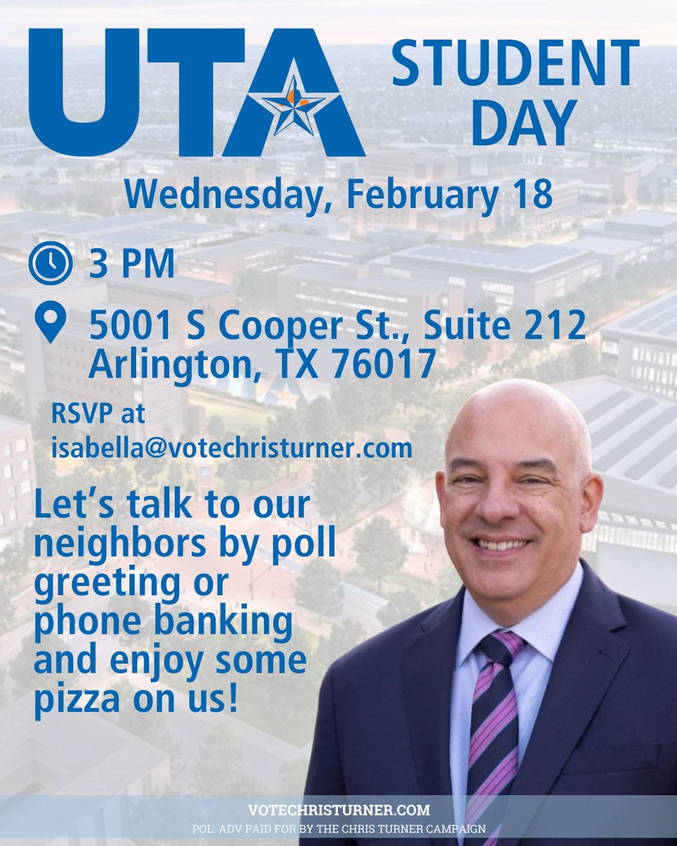 UTA students 📣  Let’s talk to our neighbors! Alumni, faculty, &amp; staff, you are also welcome to join us if you can make it! 
⏰ 3 PM 
📍 5001 S. Cooper St., Ste 212, Arlington, TX 76017
📩 RSVP to isabella@votechristurner.com for more details. 
Hope to see you there! #TeamTurner