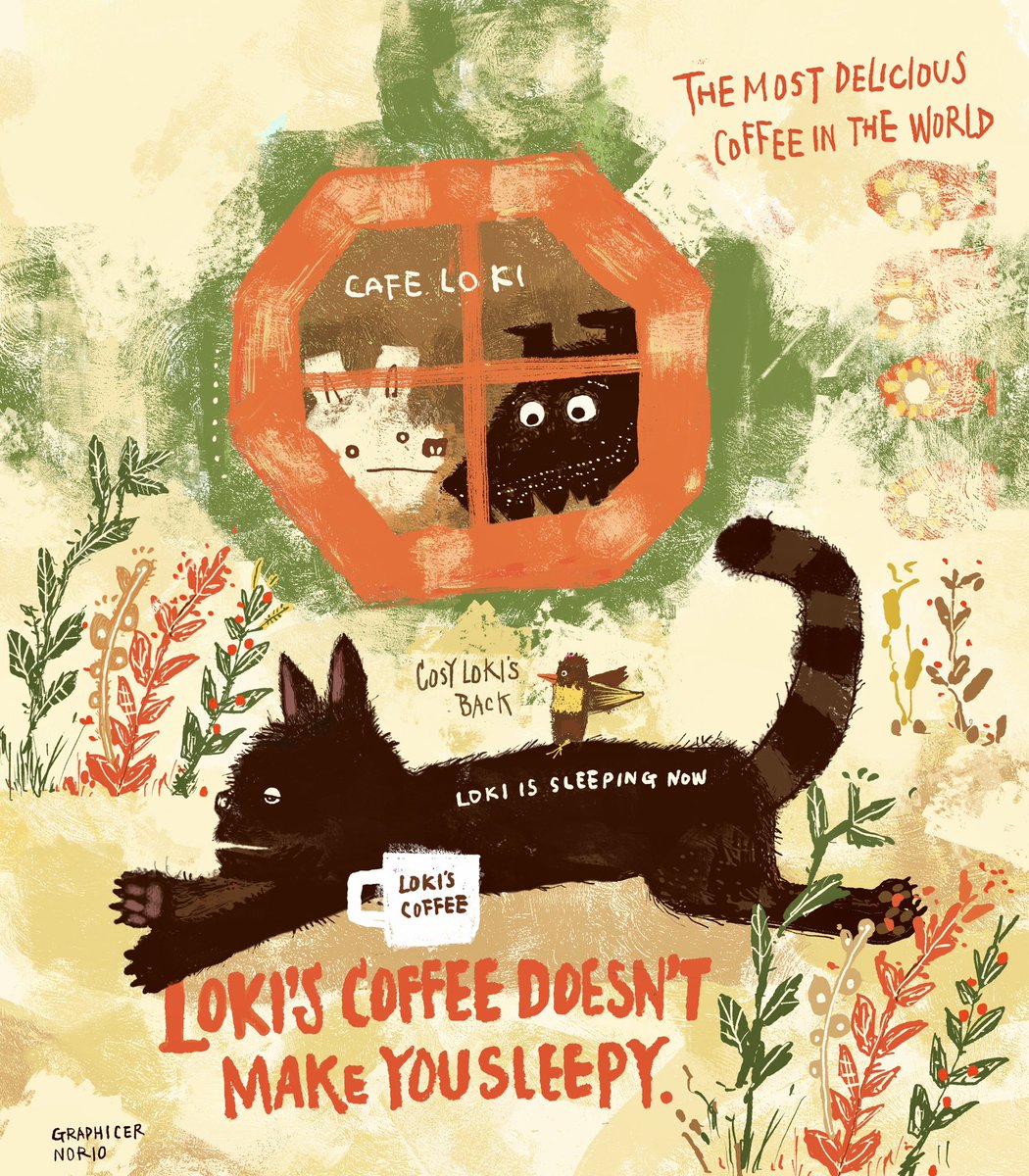 Graphicer_norio's tweet image. お客さんがいるのに眠くなってしまったLOKI。世界で1番美味しいコーヒー？
それでもLOKIは愛されるのだ。
#illustration #drawingart #painting
#picturebook #childrenbook #cat
#catlover #cafe