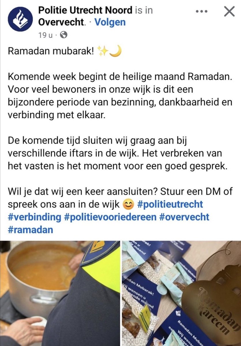 De <a href="/Politie/">Politie Nederland</a> Utrecht wenst iedere moslim in Overvecht vast een heerlijke Ramadan en komt graag aanzitten bij iftars.

Mocht u gedurende deze schranspartijen geen gehoor vinden wanneer u beroofd of verkracht bent spreek dan wat in op 't antwoordapparaat.

#Politie #Utrecht #Ramadan