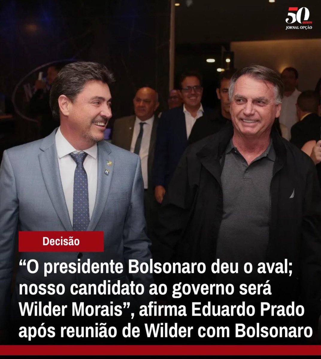Parabéns ao senador <a href="/wildermorais/">Wilder Morais</a> (PL), que recebeu o aval do presidente Jair Bolsonaro para disputar o governo de Goiás.

Wilder é um homem de confiança, já testado na vida pública, com compromisso claro com os valores que defendemos: responsabilidade, respeito ao dinheiro do