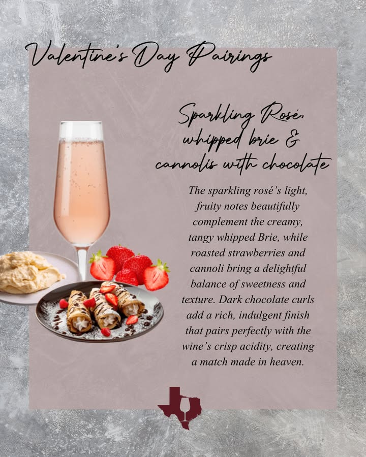 Valentine's Day pairs best with Texas wine! 🍷 

A sparkling toast, rich whipped brie, and cannolis with chocolate shavings — everything you need for a celebration of love. 💖🥂 Commissioner Sid Miller invites you to comment your favorite Texas wine below!