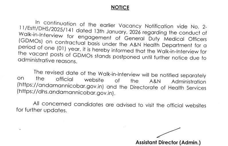 The walk-in interview for the vacant posts of GDMOs under the A&amp;N Health Department stands postponed until further notice due to administrative reasons.
youtube.com/post/UgkxQrnma…