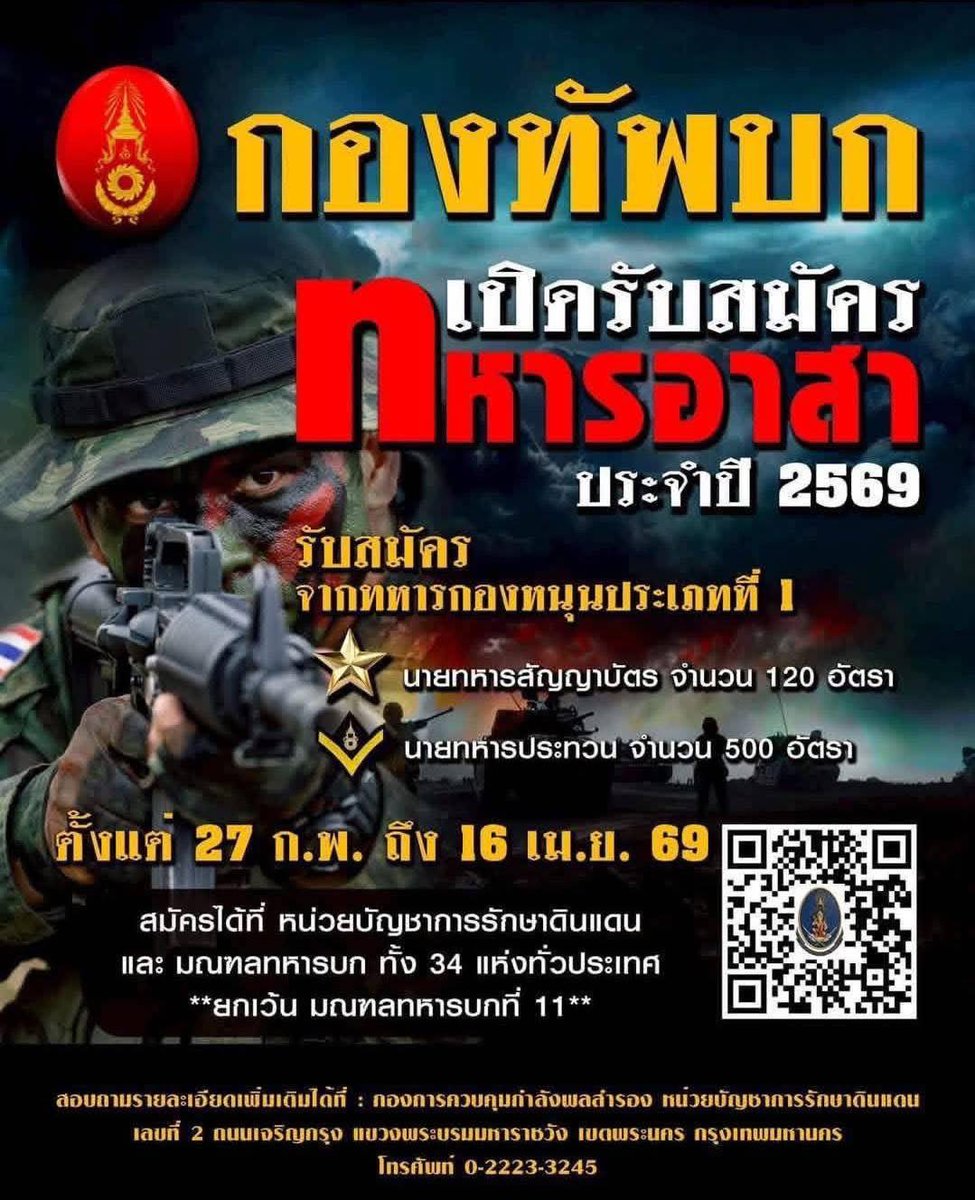 🇹🇭 “ทหารอาสา” หนึ่งเส้นทางสู่ทหารอาชีพ 💂‍♂️

🪖 กองทัพบก เปิดรับสมัครและสอบคัดเลือกเข้าเป็น ”ทหารอาสา“ จำนวน 620 อัตรา (นายทหารสัญญาบัตร 120 อัตรา และนายทหารประทวน 500 อัตรา)

📝 สมัครด้วยตนเอง : ตั้งแต่ 27 ก.พ. ถึง 16 เม.ย. 69

📌 สถานที่รับสมัคร : หน่วยบัญชาการรักษาดินแดน