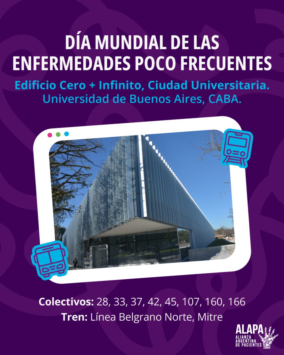 🙂 Nos vamos acercando a la jornada por el Día Mundial de las Enfermedades Poco Frecuentes en Cero +  Infinito, en Ciudad Universitaria, y les contamos cómo pueden llegar:

🚌 Colectivos: 28, 33, 37, 42, 45, 107, 160 y 166
🚆 Tren: Línea Belgrano Norte

#SomosALAPA #Pacientes