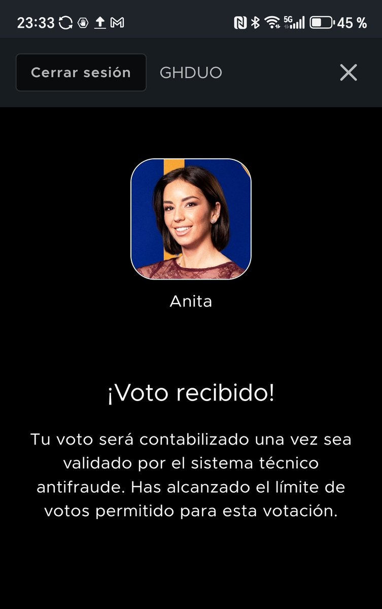 Bueno, pues un voto calentito por aquí para Anita , que aún no había votado .Tengo otro reservado, mañana cuando vea como van las votaciones y cómo ha sido la movida de hoy veré... Tranquil@s , a Cristina no la toco , y a Carlos menos #GHDuo14F #ghduo15f