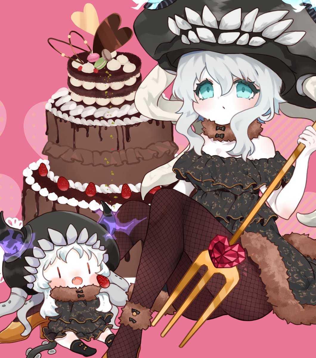 Valentine's Day art featuring Wo-class and Mini Wo after they both prepared a very fancy giant cake.

Artist: <a href="/sakeno2nd/">鮭の骨🐟skeb募集中</a> This is absolutely cute, thank you, the details in the dresses are wonderful!