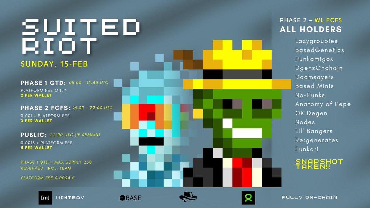 The mint page has been updated and GTD is now visible.

Only trust links shared from my account.

Mint page: mintbay.co/mint/8453/0x20…

One Suited Riot NFT will be given away during Phase 1 to one person who drops their wallet under this post.

Suited Riot.