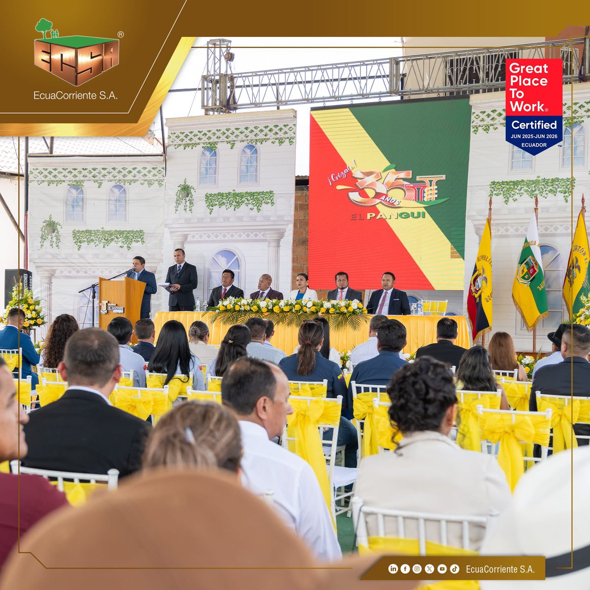 🎉🌸 ECSA felicita al cantón El Pangui 🌿✨
ECSA participó en la Sesión Solemne de Aniversario por los 35 años de vida política del cantón El Pangui, reafirmando su compromiso con el desarrollo local y el fortalecimiento de los vínculos con la comunidad.👷🏻‍♀👷