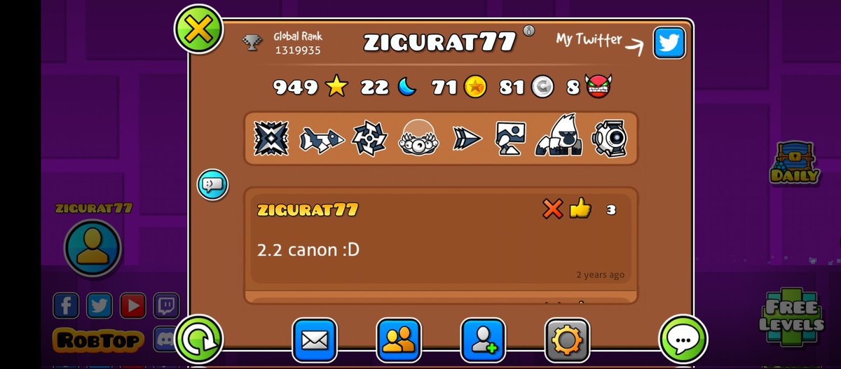 ZiguratGD's tweet photo. ¡Nuevos iconos!
Todo va genial tanto en la vida real como en mis video juegos♡ #GeometryDash https://t.co/8QdYYTy9B5