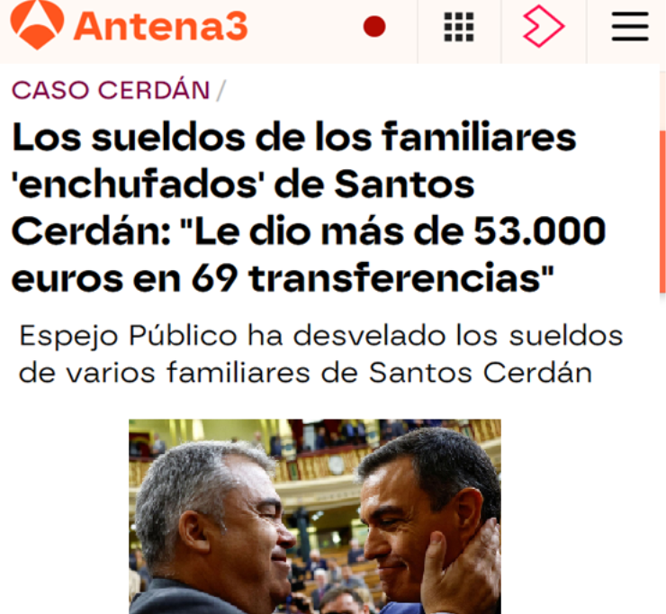 -La mujer de Cerdán, la Paqui, arrasó El Corte Inglés con su Visa Gold

-La hermana de Cerdán, la Belén, se llevó al bolsillo 22.300€

-El cuñado de Cerdán, el Toni, recibió más de 53.000€ en 69 transferencias

Para que después digan que los socialistas no defienden la familia.