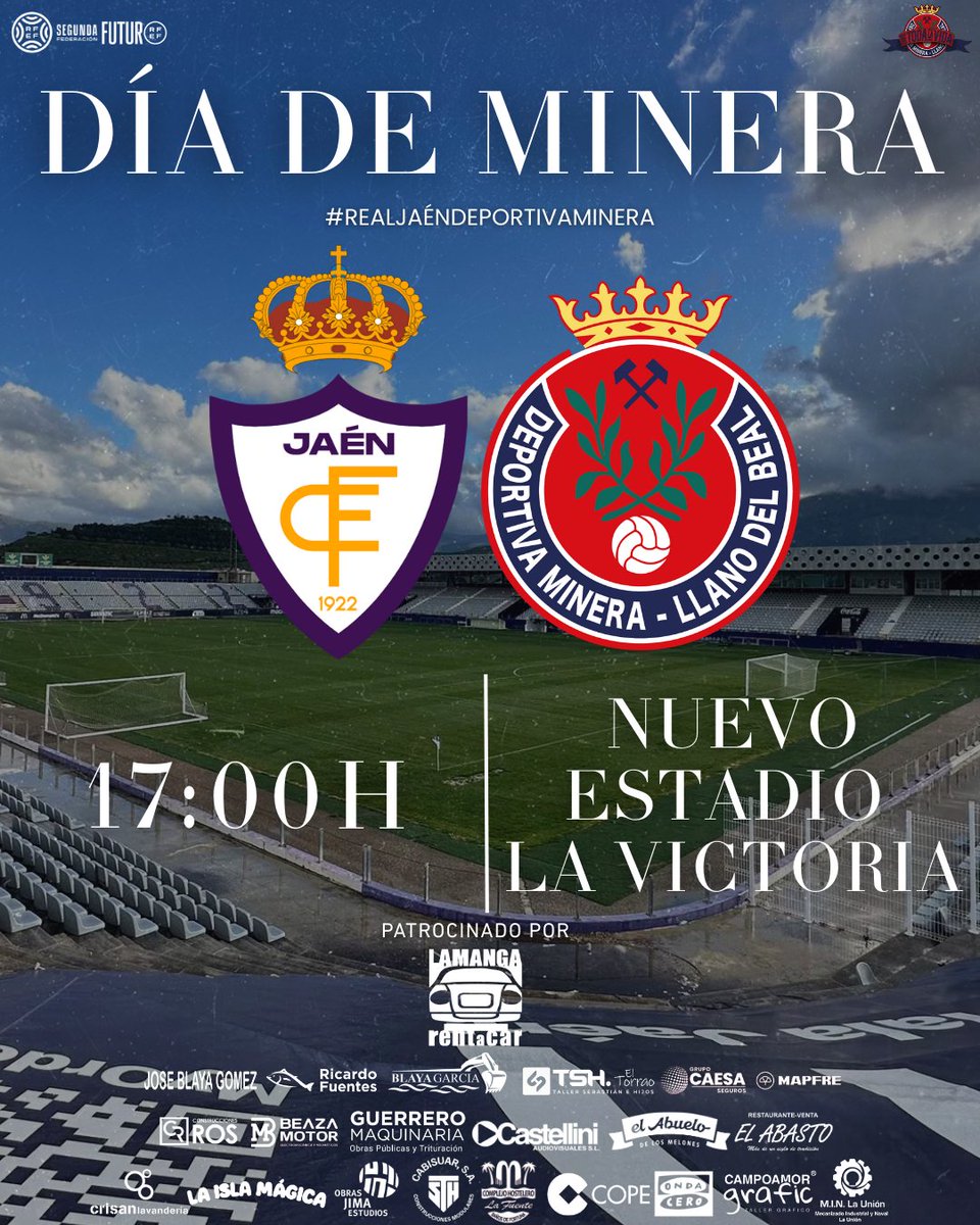 🥰Un Día De Minera, todo lo que necesito para ser feliz

👉Jornada 2⃣3⃣
🆚<a href="/RealJaenCF/">Real Jaén C.F.</a> 
🕔17:00h
🏟️Nuevo Estadio La Victoria

⭐️La Manga Rent A Car

#RealJaénDeportivaMinera