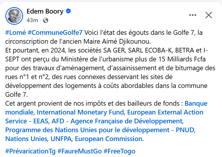 AblodeGbadja1's tweet image. TOGO - Malgré le versement en 2024 de plus de 15 milliards de FCFA par le ministère de l’Urbanisme aux sociétés SA GER, SARL ECOBA-K, BETRA et I-SEPT pour des travaux d’aménagement, d’assainissement et de bitumage dans la commune du Golfe 7 sous la mandature de l’ancien maire