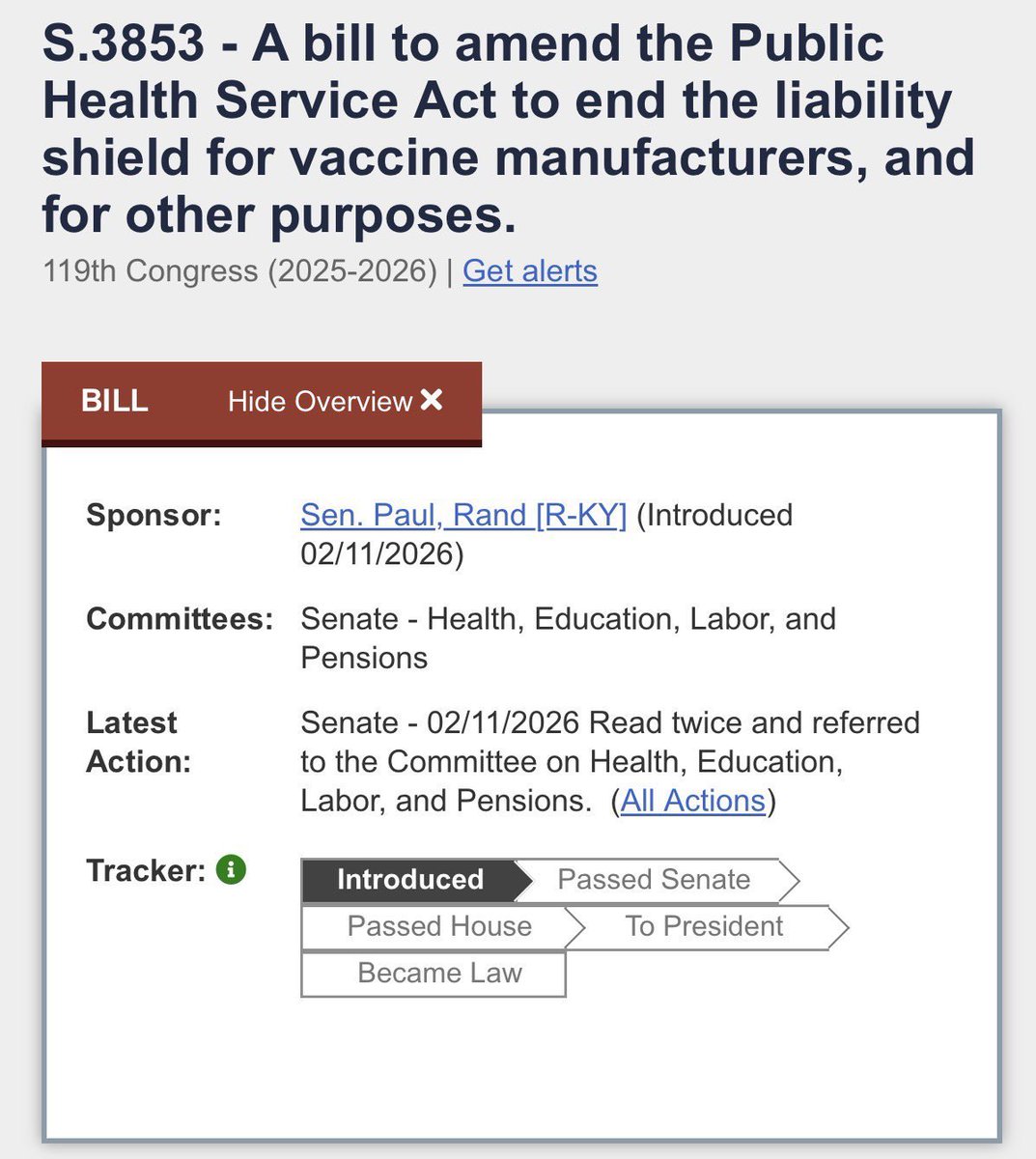 🚨Usa 🇺🇸 
Le sénateur Rand Paul <a href="/RandPaul/">Rand Paul</a> présente enfin un projet de loi fédéral visant à mettre fin à l’immunité des fabricants de vaccins.

Le projet de loi S.3853 mettrait fin à 40 ans de règne impuni du cartel des vaccins, qui a causé des dommages massifs à grande échelle.