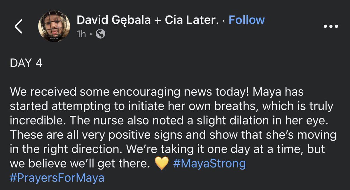 Update on Maya

“We received some encouraging news today! Maya has started attempting to initiate her own breaths, which is truly incredible. The nurse also noted a slight dilation in her eye.

“These are all very positive signs and show that she's moving in the right direction.