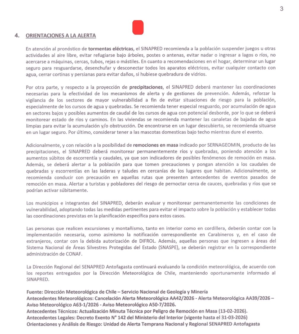 #Antofagasta
Estimad@s
Junto con saludar, se adjunta Actualiza Alerta Temprana Preventiva por Evento Meteorológico, cobertura Provincia de El Loa y comunas de Antofagasta, Sierra Gorda, María Elena y Taltal.

Atentamente,
*Unidad Regional de Alerta Temprana SENAPRED Antofagasta*