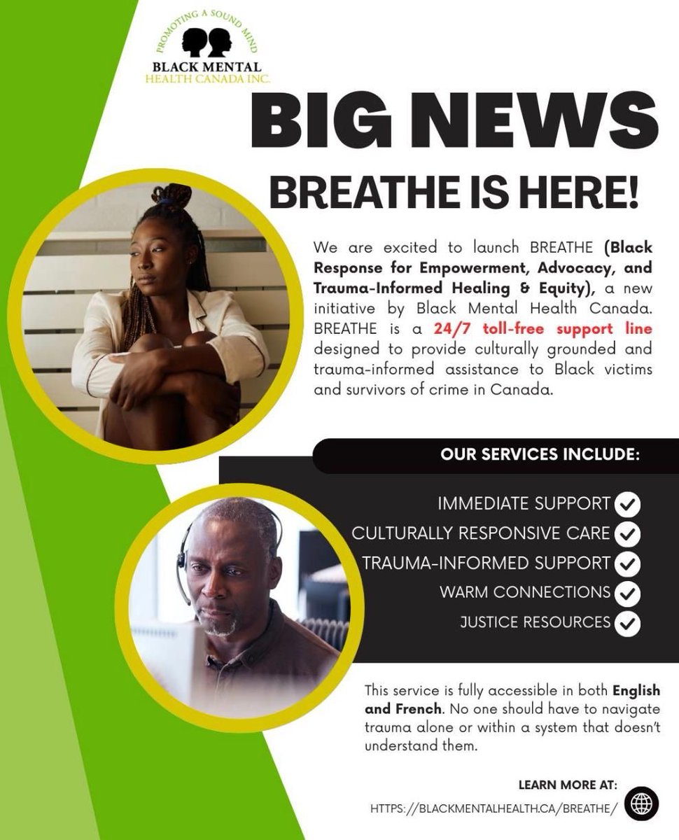 CommunityNala's tweet photo. BREATHE (Black Response for Empowerment, Advocacy, and Trauma‑Informed Healing &amp; Equity)*: a *24/7 toll‑free support line* offering culturally grounded, trauma‑informed support for Black victims and survivors of crime in Canada.

https://t.co/ZeZQOVMat3 https://t.co/uqalCUlCLI