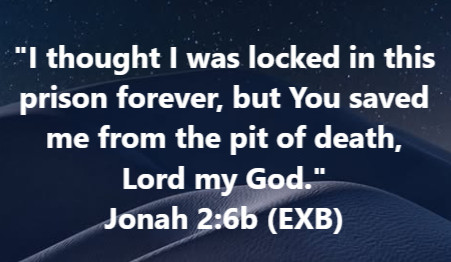 "I thought I was locked in this prison forever, but You saved me from the pit of death, Lord my God."
Jonah 2:6b 
---
When God speaks in the #Bible God's Word #sundaymotivation Jesus is King #SundayFunday