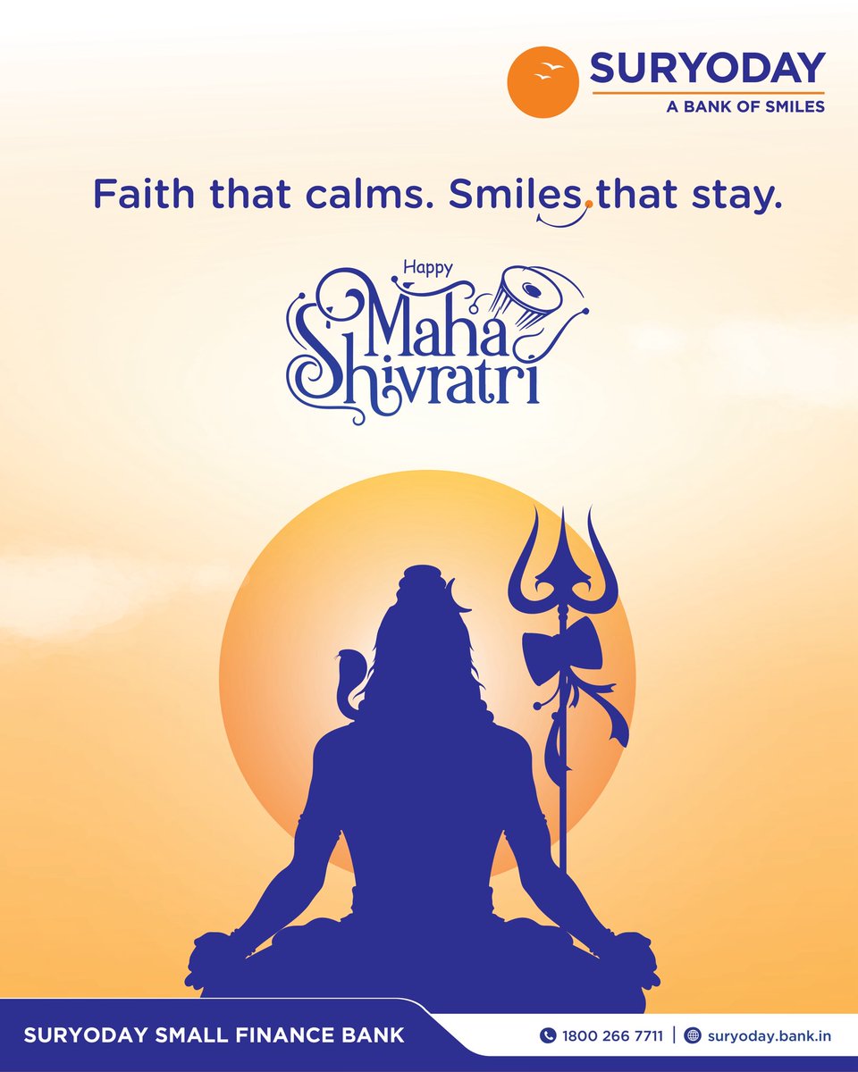 SuryodayBank's tweet photo. May Lord Shiva fill your life with strength and serenity. Happy Maha Shivratri!
#MahaShivratri #StayBlessed #BankOfSmiles #SuryodayBank #9YearsOfSmiles https://t.co/W4UeCYRG3M