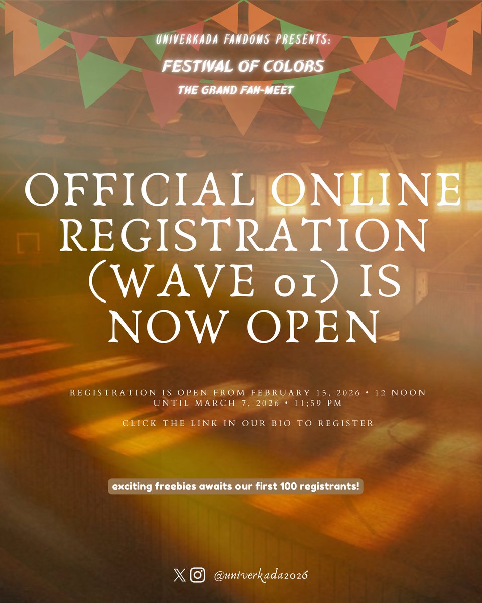 Univerkada2026's tweet photo. MAY your month be exciting.
MAY your fandom heart be ready.
MAY 2026 — the colors come alive. 🎨✨

Univerkada Fandoms: Festival of Colors
The Grand Fan-Meet 

Official online registration (wave 1) is NOW OPEN! 🎪✨

*Exciting freebies awaits our first 100 registrants!

*The form will automatically close once we hit 100 registrants; We will re-open for the 2nd wave on March 15. 

🔗: https://t.co/udta0cLjg6

#Univerkada #UniverkadaFandoms